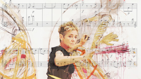 A poster of TransHuman Embodiment and Beyond performance, with a photo in the middle, of artist and performer Rachel Gadsden wearing black, a leather corset and pannier skirt with syringes attached, painting an image of an abstract body, with a music score by Freddie Meyers woven through the photo.